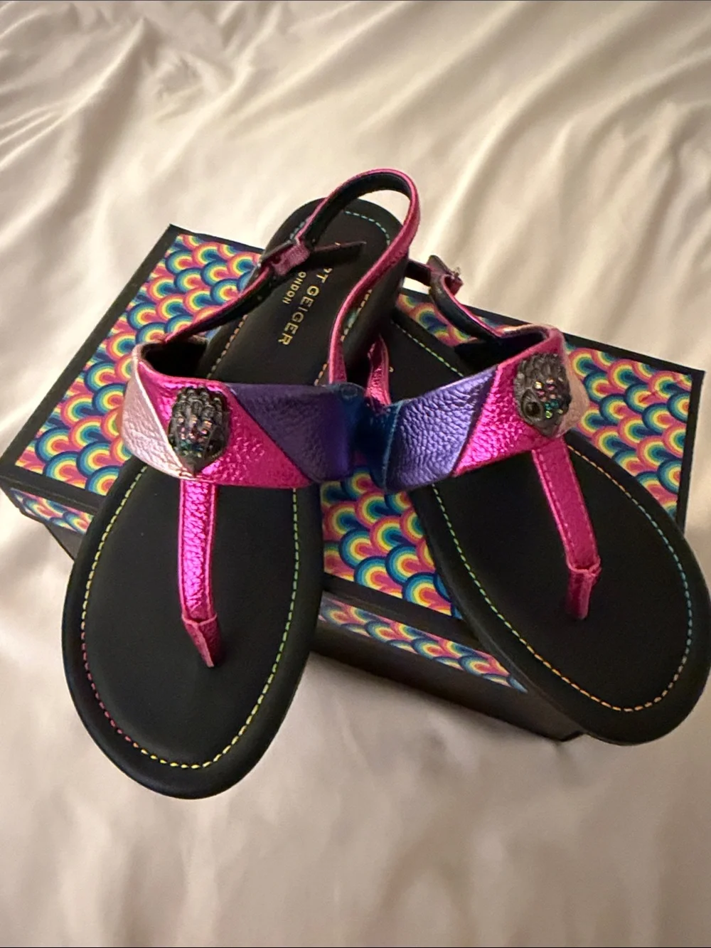 Kurt Geiger London Mini Kensington Metallic Multi-Colored T-Strap Sandals